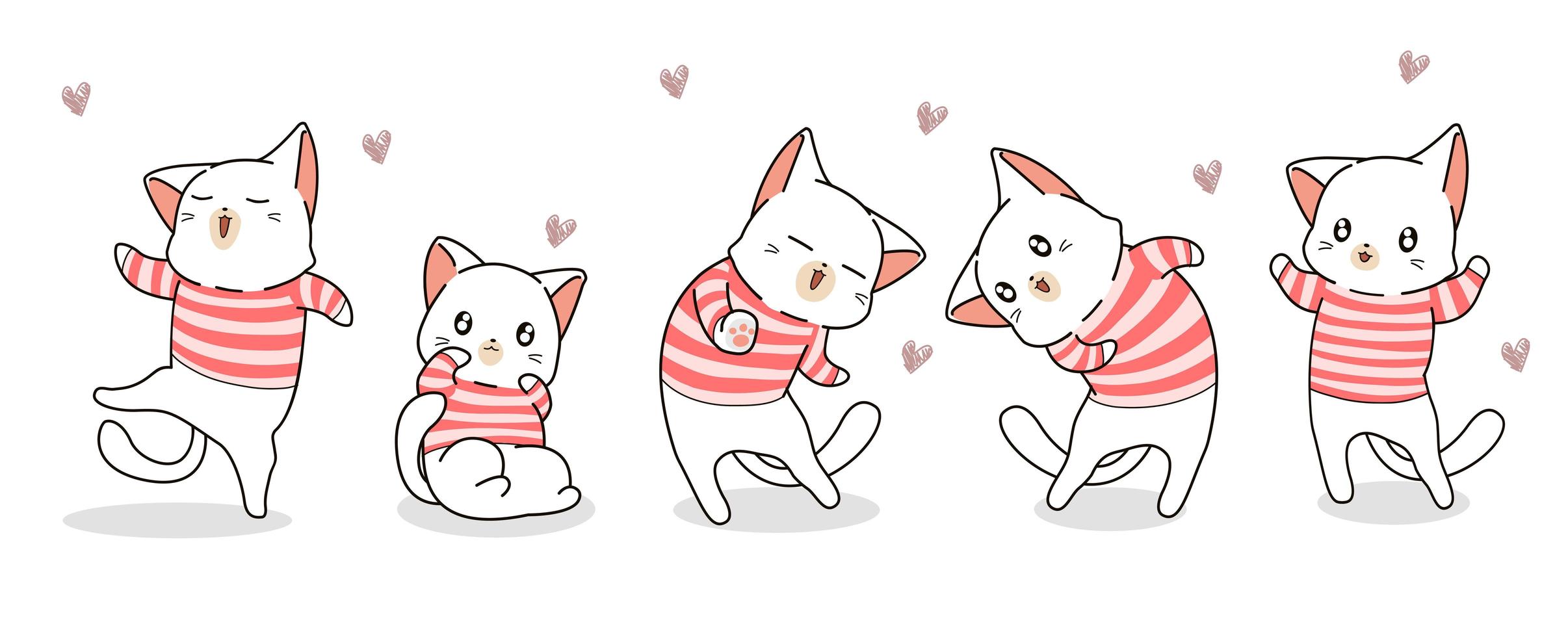 5 gatos em camisas listradas com corações vetor