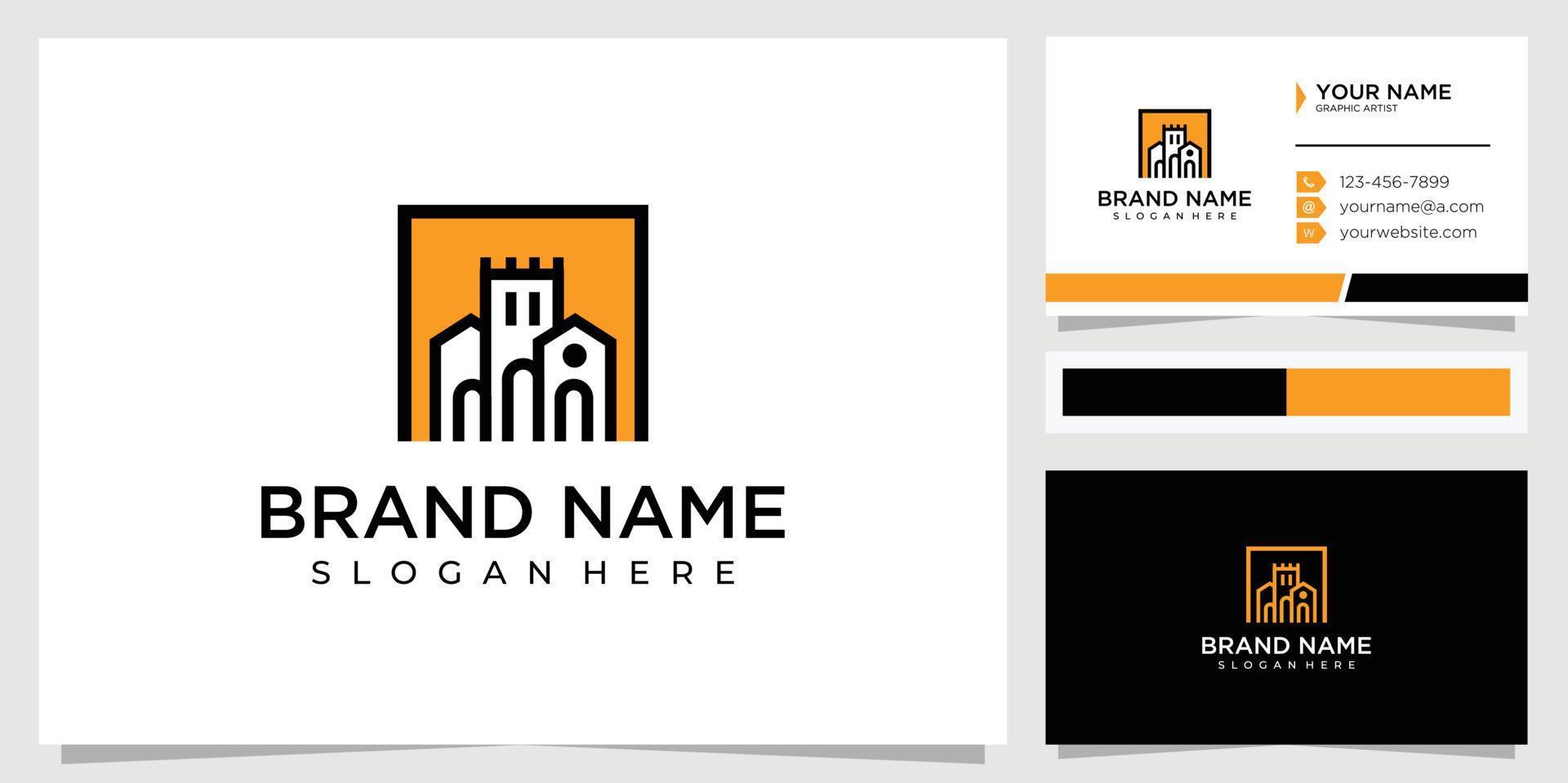 conceito de design de logotipo de castelo quadrado com cartão de visita vetor