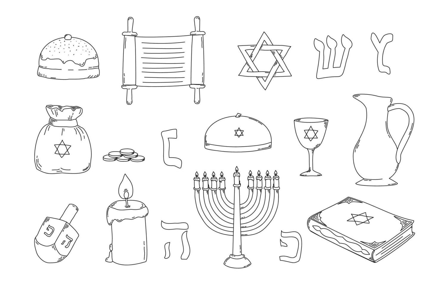 símbolos de doodle feriado judaico tradicional de hanukkah definir fundo isolado. ilustração vetorial vetor