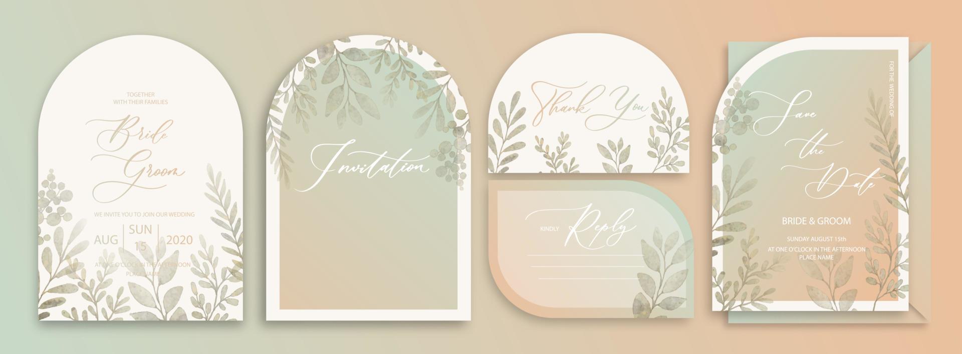 fundo de cartão de convite de casamento arco de luxo com folhas botânicas em aquarela verde. design de vetor de fundo abstrato arte floral para modelo de capa de casamento e vip.