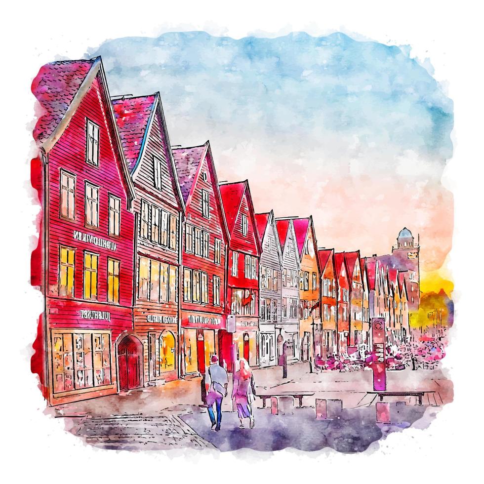 bergen suécia esboço em aquarela ilustração desenhada à mão vetor