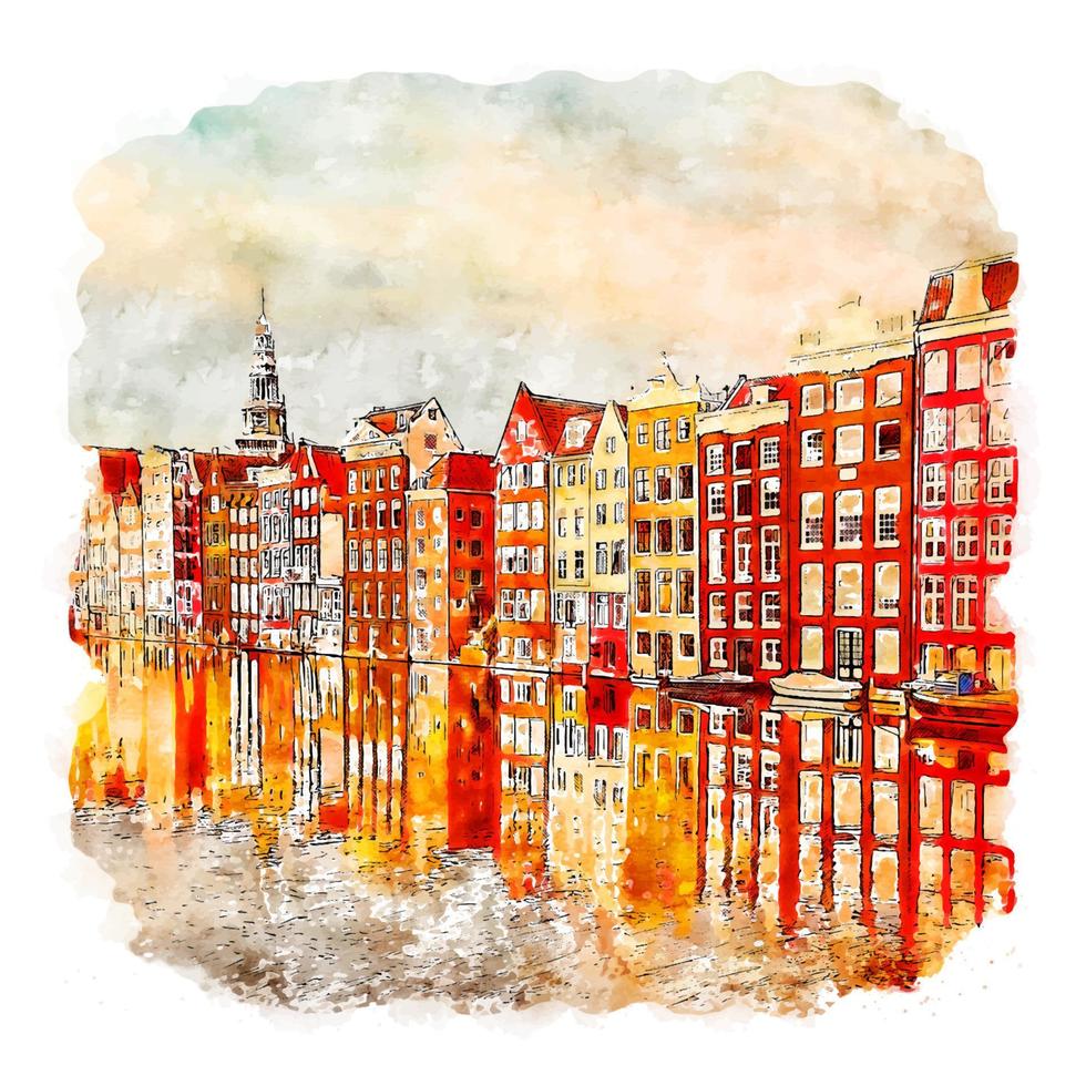 amsterdã holanda desenho aquarela ilustração desenhada à mão vetor