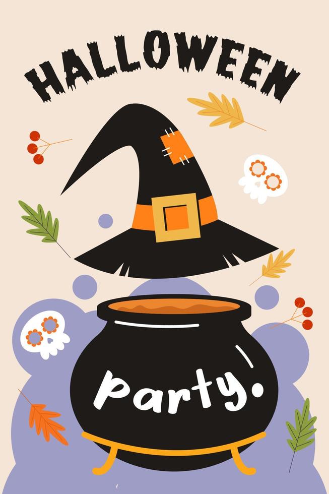 festa de Halloween. cartaz vetorial, convite, banner com chapéu de bruxa e um caldeirão preto. vetor