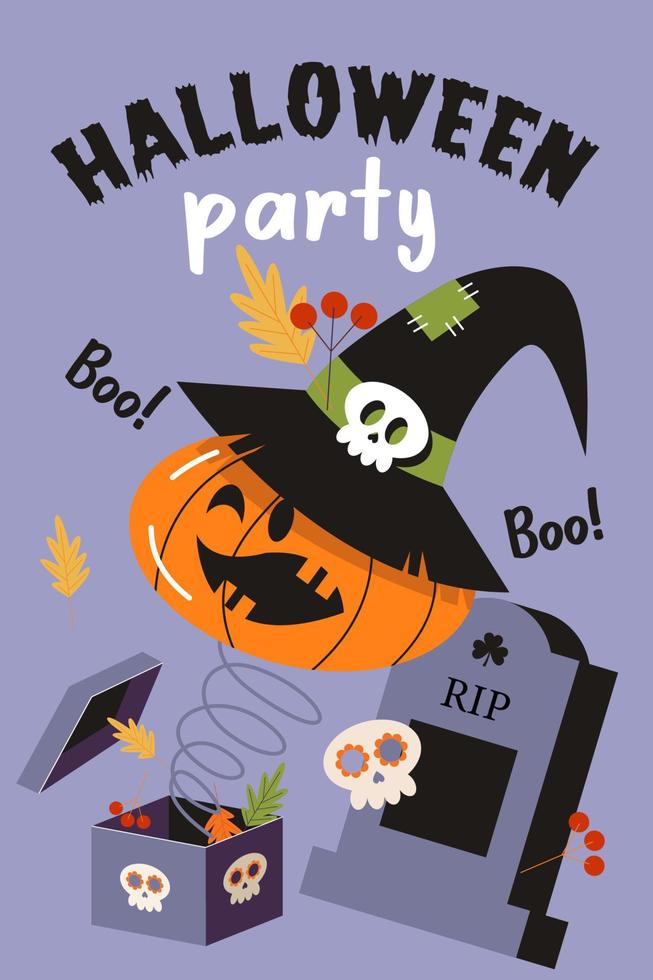 cartaz de vetor feliz dia das bruxas, banner, convite com abóboras laranja assustadoras e engraçadas.