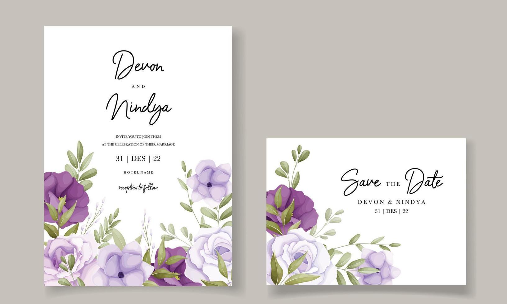 lindo design de cartão de convite de casamento de flor roxa vetor