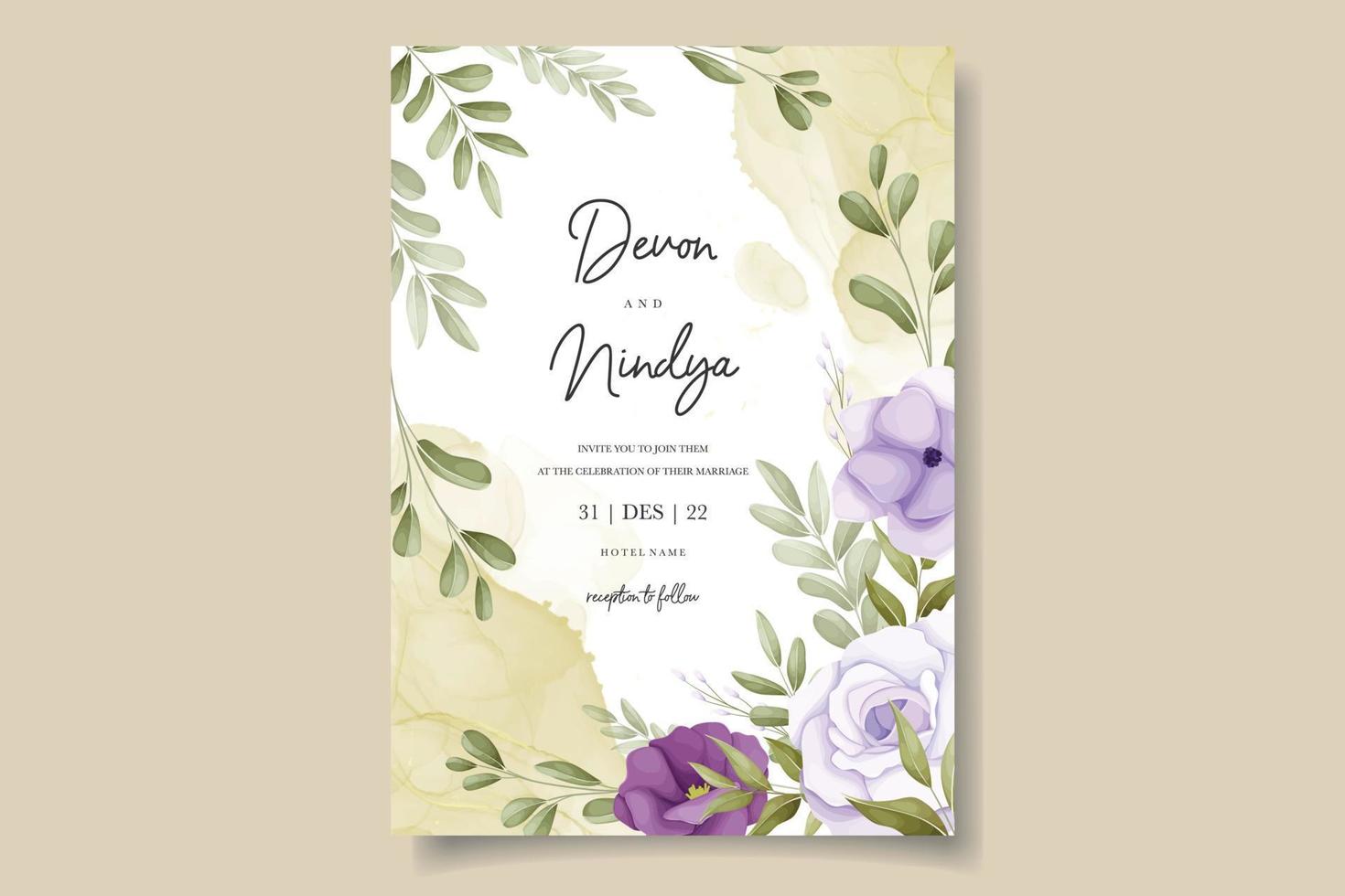 lindo design de cartão de convite de casamento de flor roxa vetor