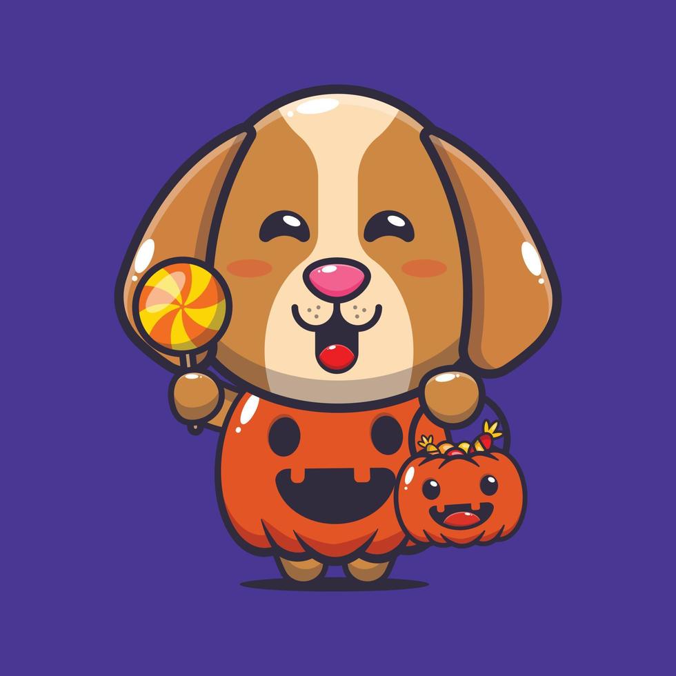 cachorro fofo com fantasia de abóbora de halloween. ilustração bonito dos desenhos animados de halloween. vetor