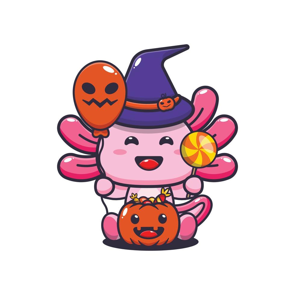 Axolotl de bruxa bonita segurando o balão de halloween e doces. ilustração bonito dos desenhos animados de halloween. vetor