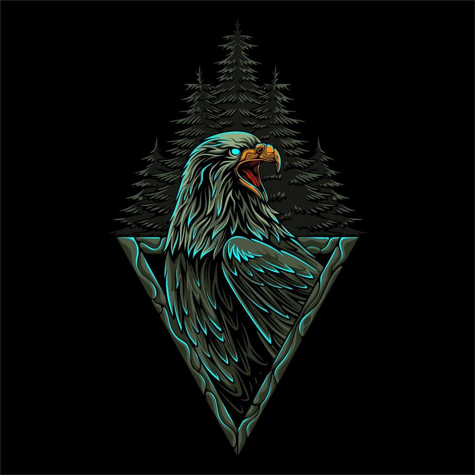 Águia colorida em pose assustadora com triângulos ao redor e fundo de pinheiros para design de camiseta vetor
