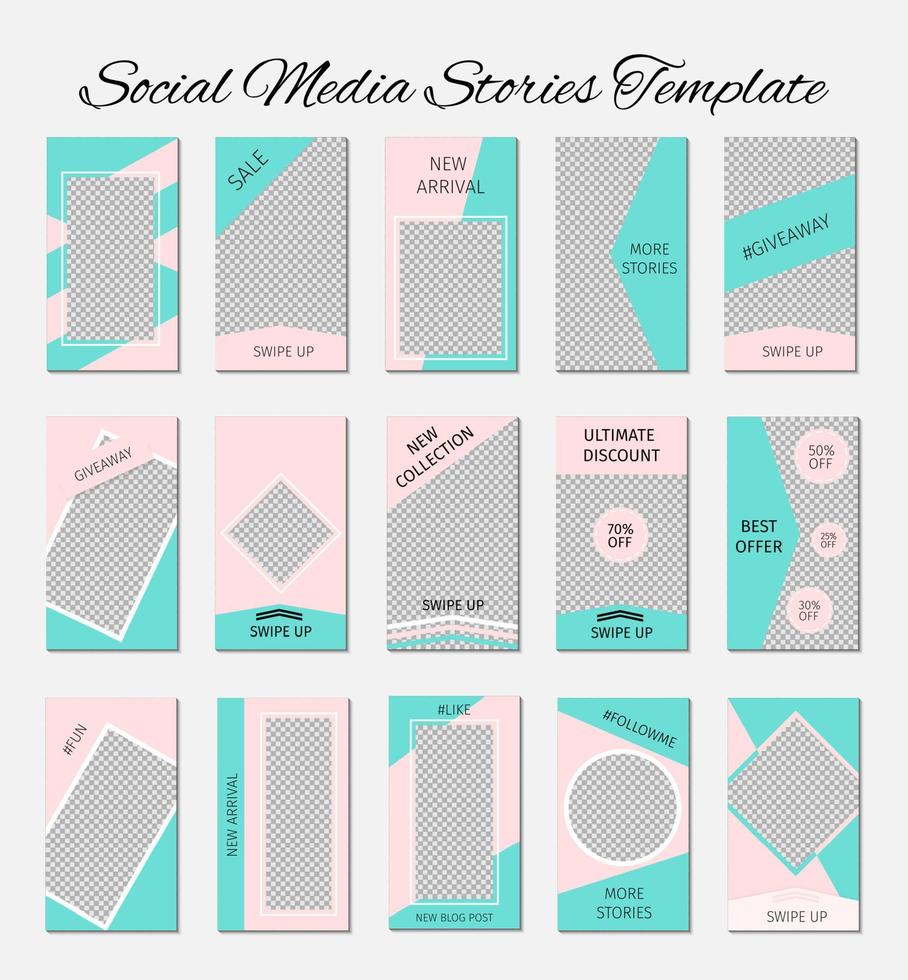 modelo de histórias de mídia social. conjunto de layout de 15 histórias para blogueiros e smm. paleta de cores pastel verde e rosa menta. banners editáveis da web para aplicativos móveis. vetor