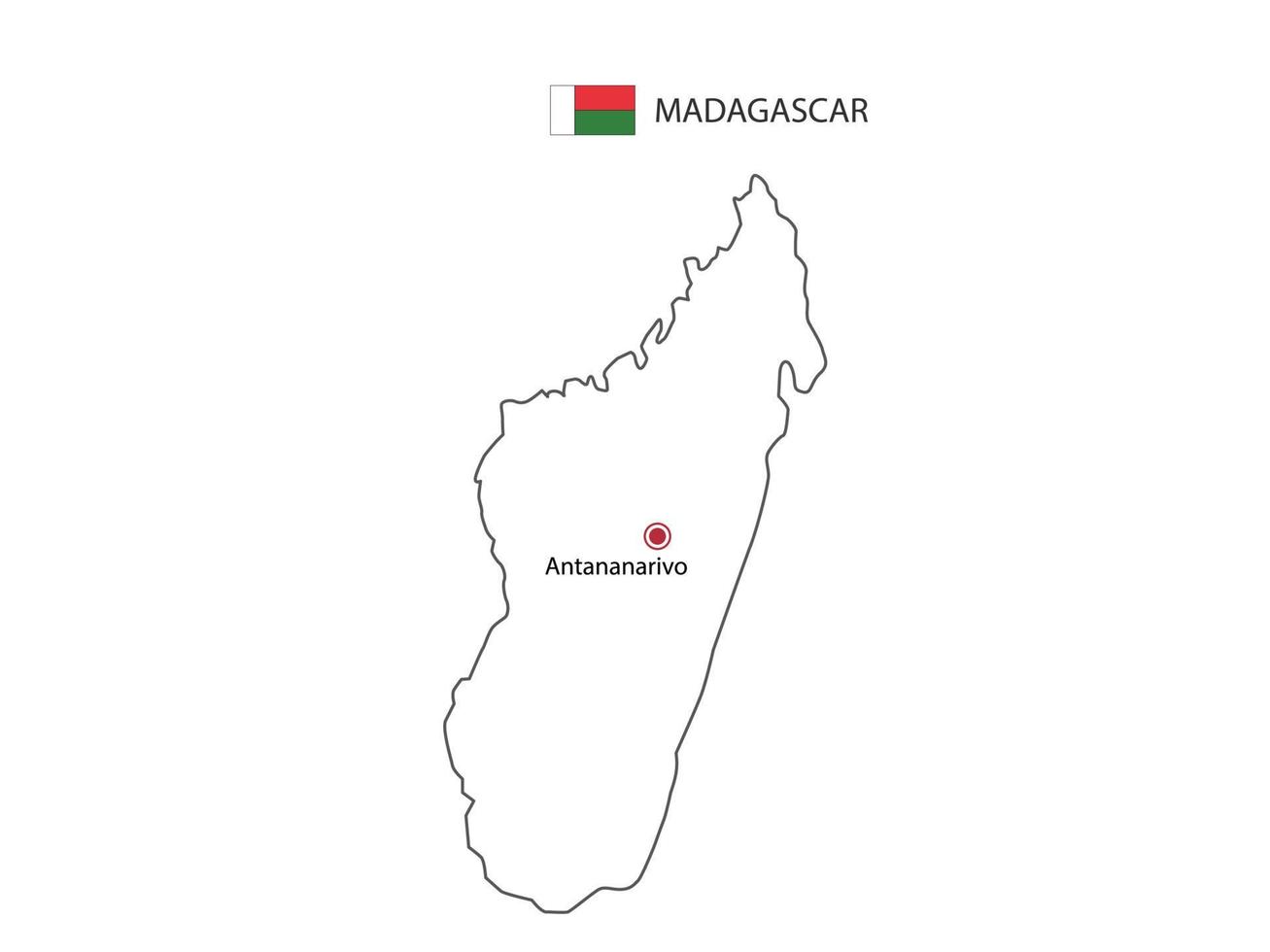 mão desenhar vetor de linha preta fina do mapa de madagascar com capital antananarivo em fundo branco.