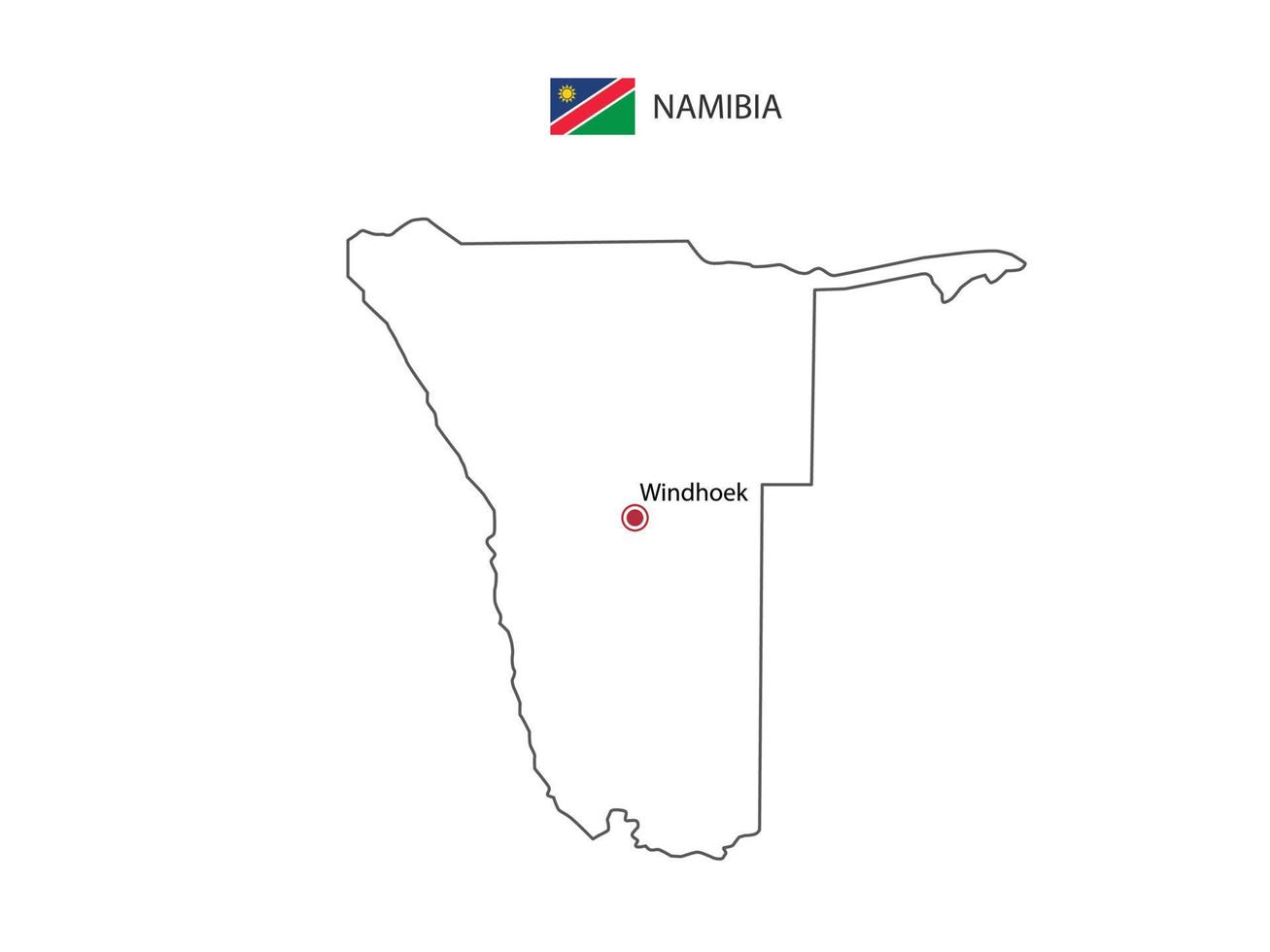 mão desenhar vetor de linha preta fina do mapa da namíbia com capital windhoek em fundo branco.