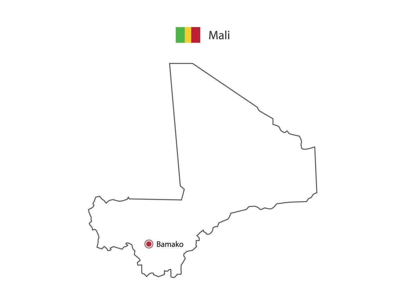 mão desenhar vetor de linha preta fina do mapa de mali com capital bamako em fundo branco.