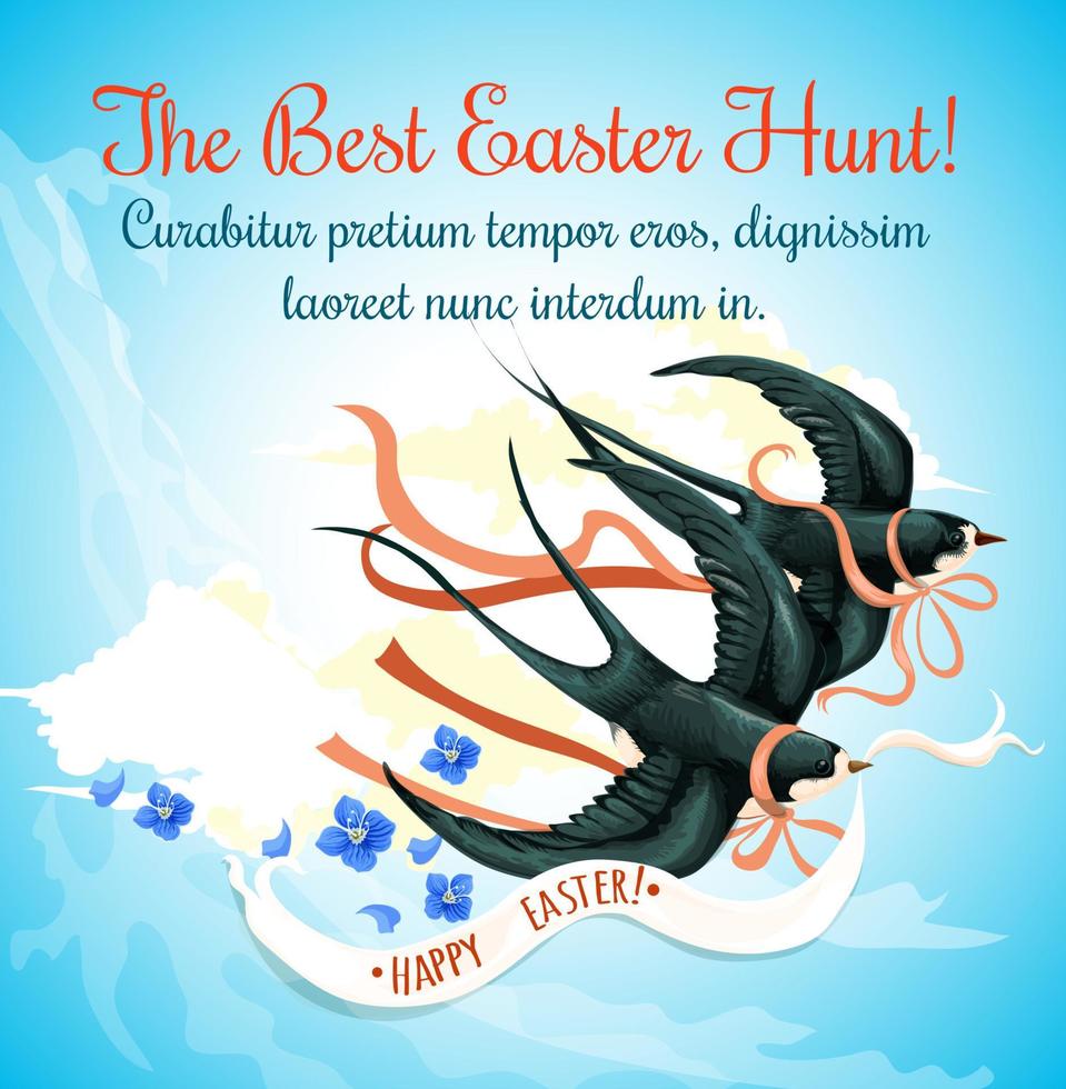 cartaz de desenho animado de caça ao ovo de páscoa com pássaro de andorinha vetor