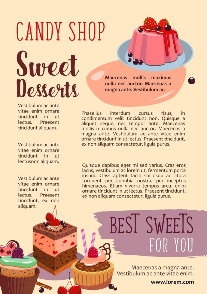 cartaz vetorial para sobremesas de pastelaria de loja de doces vetor