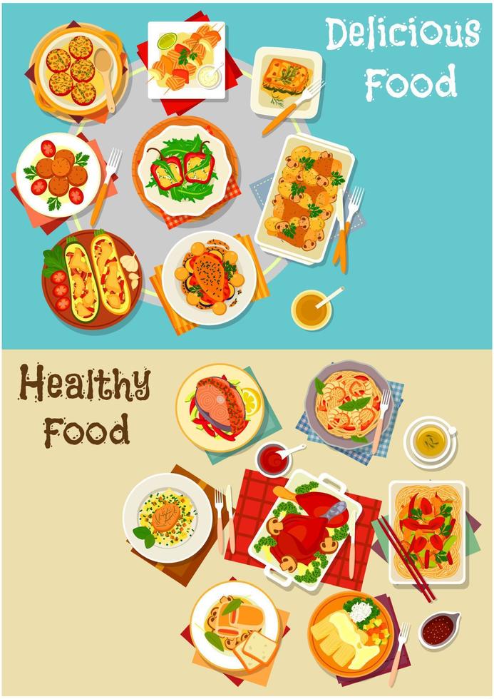 ícone de comida saudável conjunto com pratos assados vetor