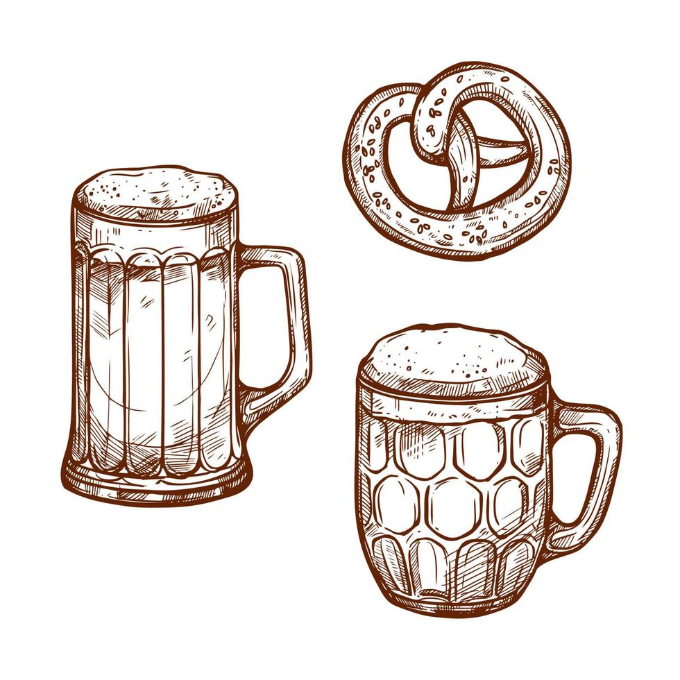 canecas de bar de cerveja e esboço de vetor de lanche de pretzel