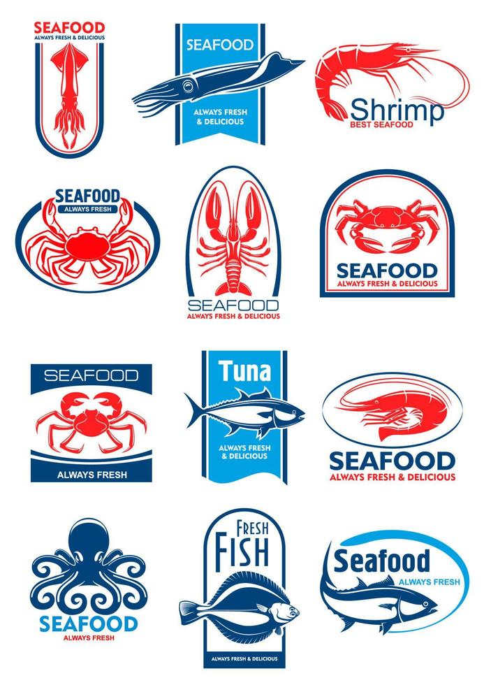 conjunto de símbolos de frutos do mar e peixes para design de alimentos vetor