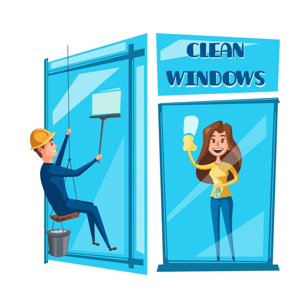 design de conjunto de ícones dos desenhos animados de limpeza de janelas vetor