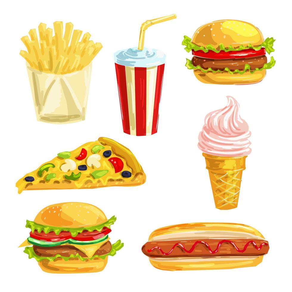 refeição de almoço de fast food com conjunto de aquarela de sobremesa vetor