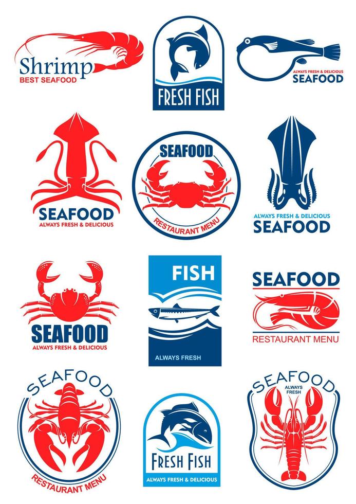 ícones vetoriais de frutos do mar para menu de restaurante vetor