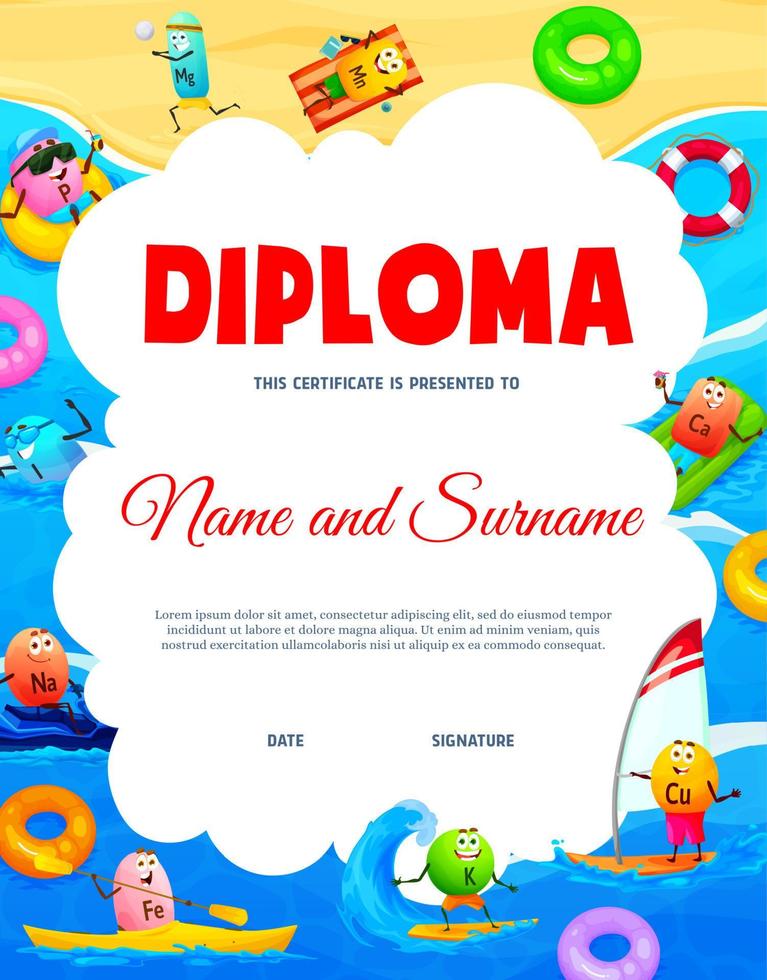 diploma infantil, vitamina de desenho animado e mineral na praia vetor