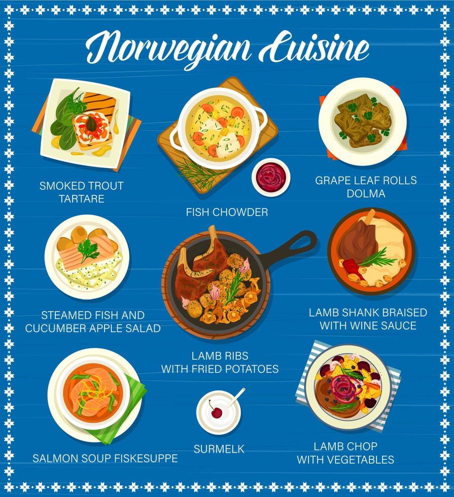 menu de cozinha norueguesa com comida de peixe e carne vetor