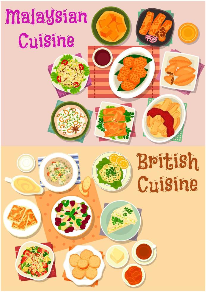 conjunto de ícones de menu de almoço de cozinha malaia e britânica vetor