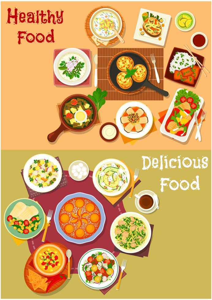 pratos de almoço saudável com conjunto de ícones de sobremesa de frutas vetor