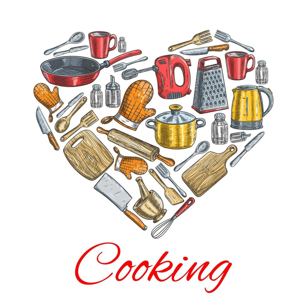 utensílios de cozinha em cartaz em forma de coração vetor