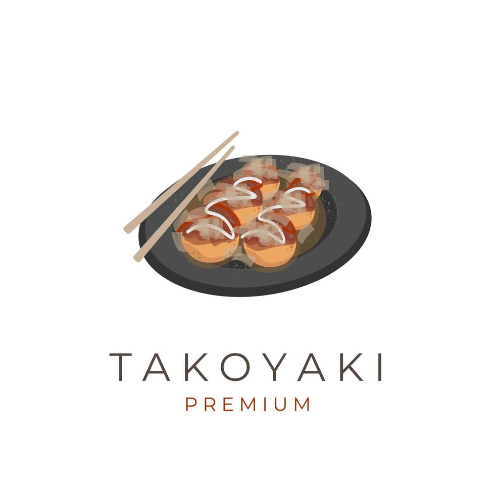 logotipo de ilustração de takoyaki de comida japonesa em um prato vetor