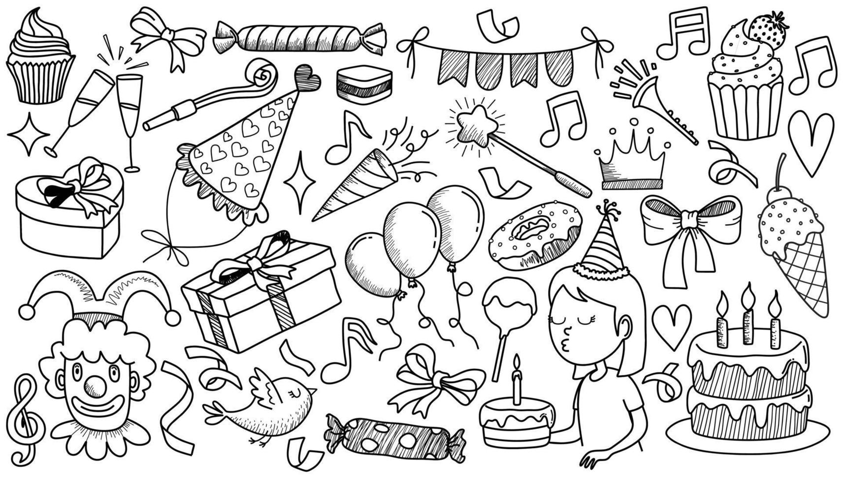 conjunto de objetos de desenho animado doodle e símbolos na festa de aniversário. vetor