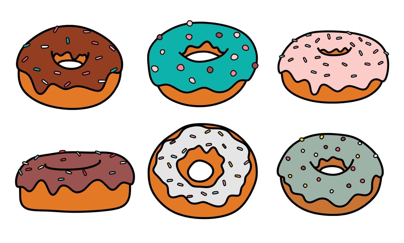 coleção de rosquinhas coloridas. estilo de desenho doodle. vetor