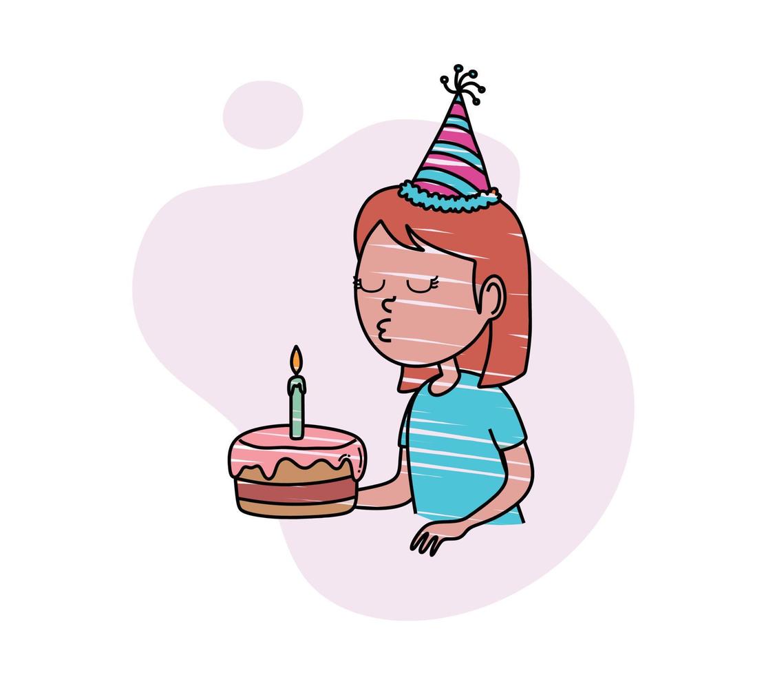 conjunto de desenho de mão de cor de menina soprando velas de aniversário. vetor