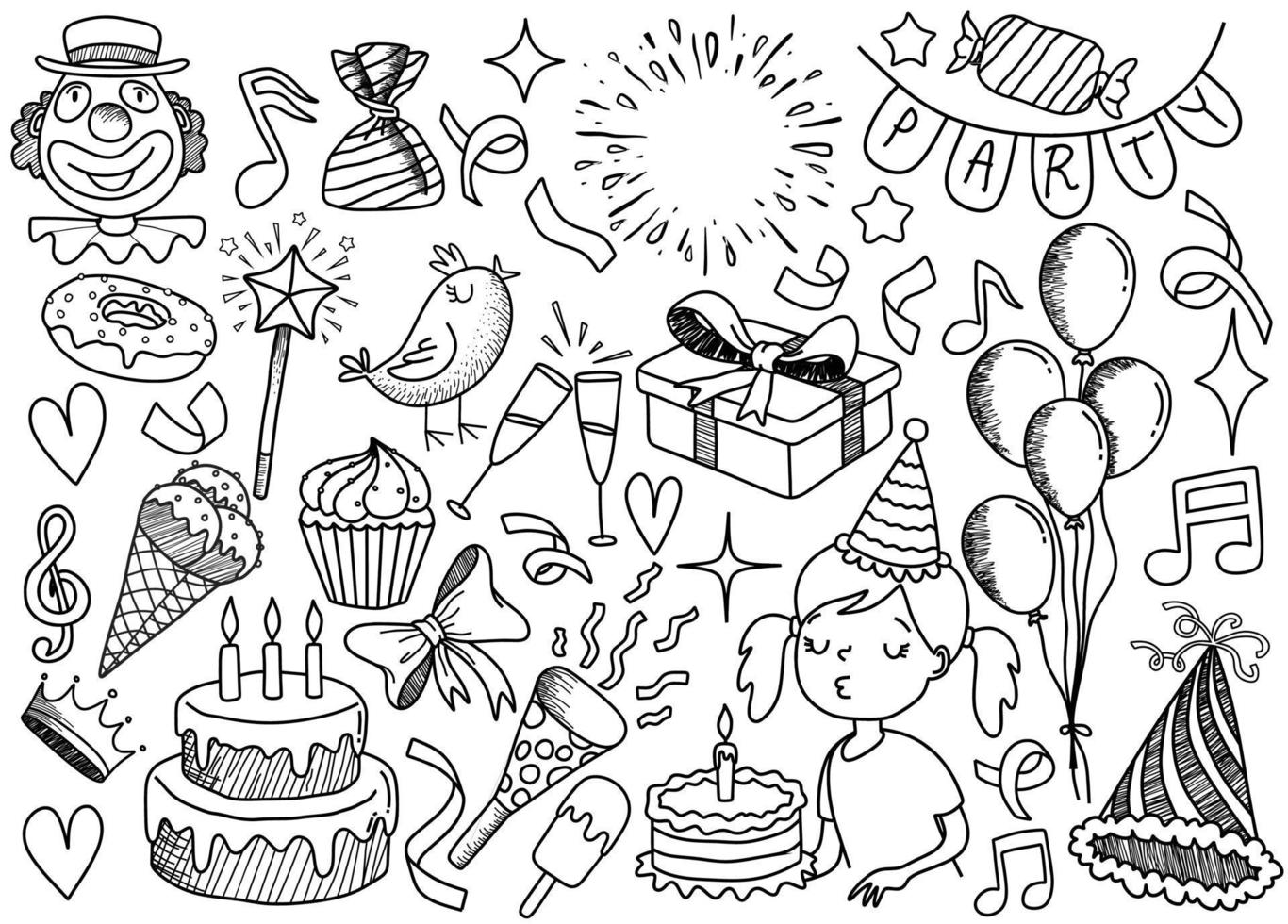 conjunto de objetos de desenho animado doodle e símbolos na festa de aniversário. vetor