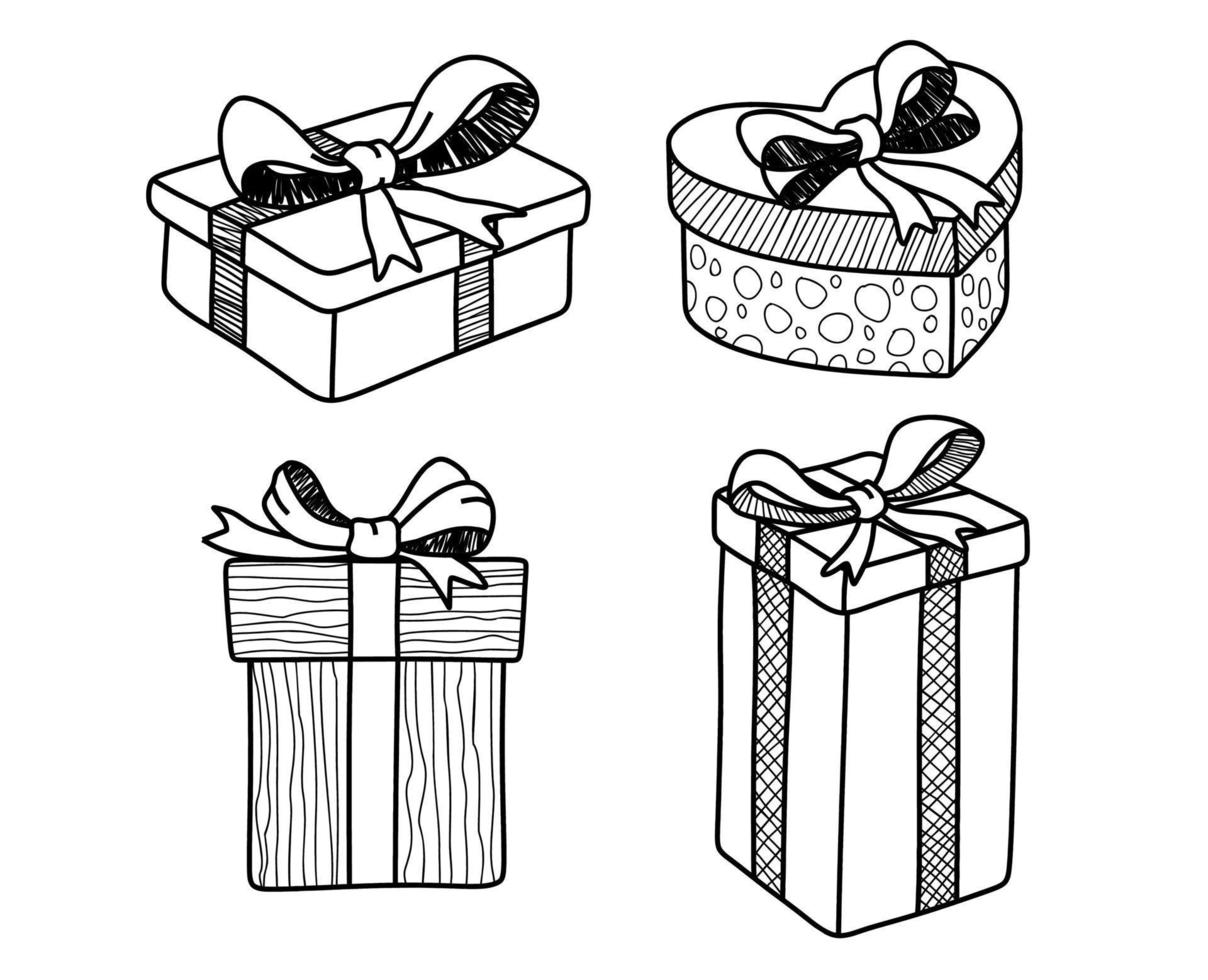 caixas de presente, apresenta o conjunto de ícones do vetor. coleção de doodle desenhada de mão isolada no branco. vetor