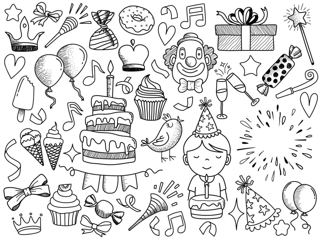 conjunto de objetos de desenho animado doodle e símbolos na festa de aniversário. vetor