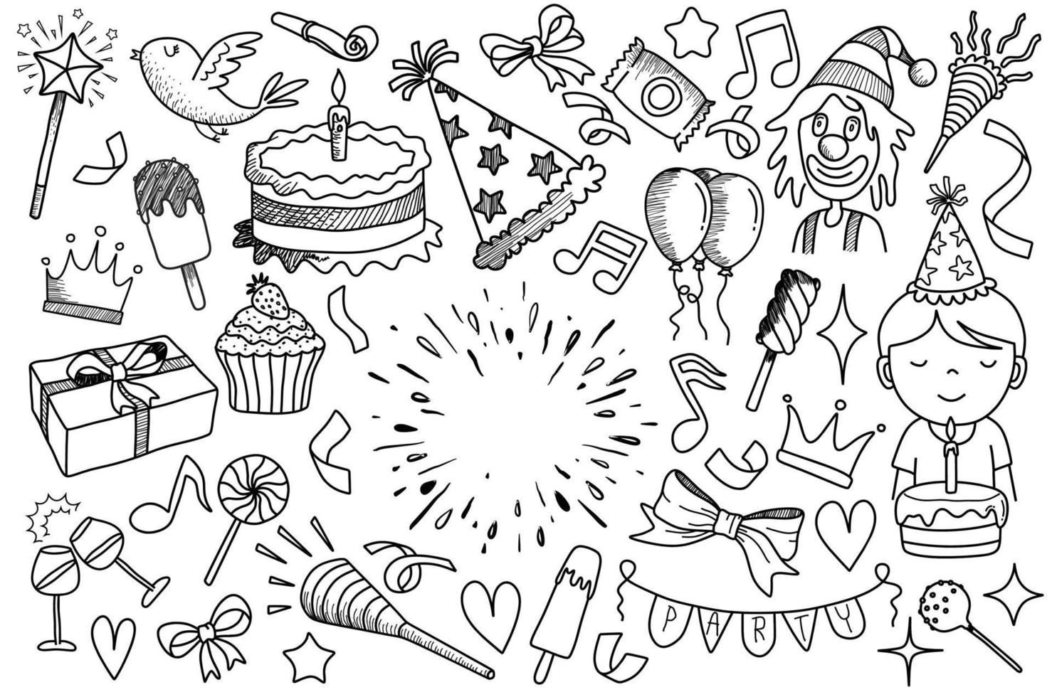 conjunto de objetos de desenho animado doodle e símbolos na festa de aniversário. vetor