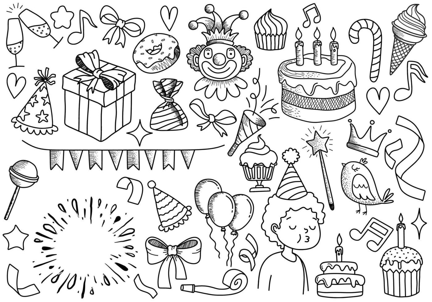 conjunto de objetos de desenho animado doodle e símbolos na festa de aniversário. vetor