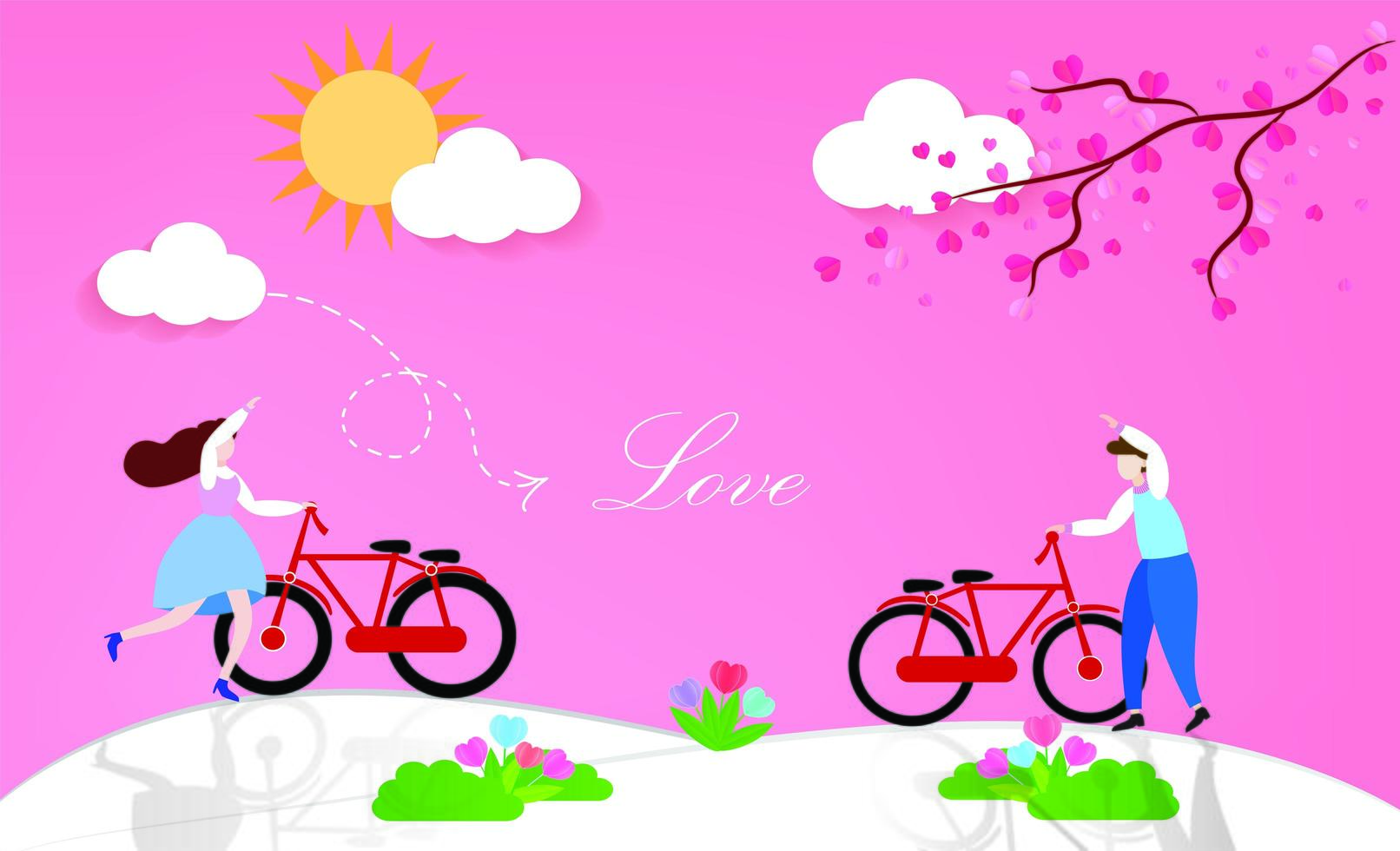 casal adorável com bicicletas ao ar livre vetor