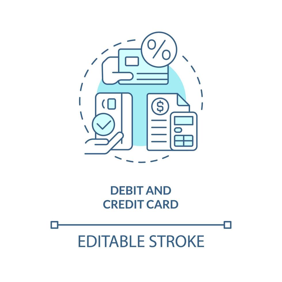 ícone de conceito turquesa de cartão de débito e crédito. contas de empréstimos e depósitos. bancária idéia abstrata ilustração de linha fina. desenho de contorno isolado. traço editável. vetor