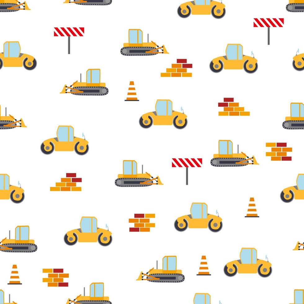 bonito padrão infantil sem costura com caminhão amarelo carro, guindaste, betoneira. ilustração de canteiro de obras em estilo cartoon vetor