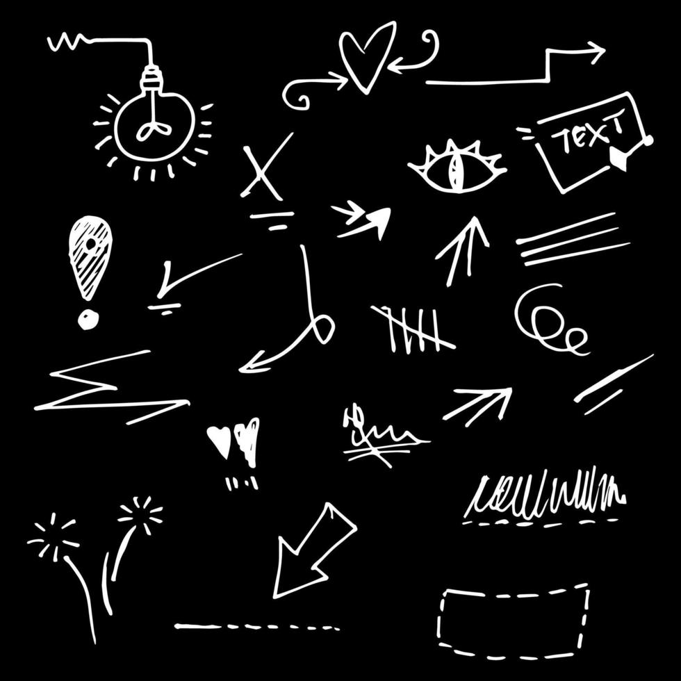 elementos de doodle para design de conceito no set. isolado no fundo preto. elementos infográficos. pincelada, swishes encaracolados, swoops, redemoinho, seta, coração, coroa. ilustração vetorial. vetor