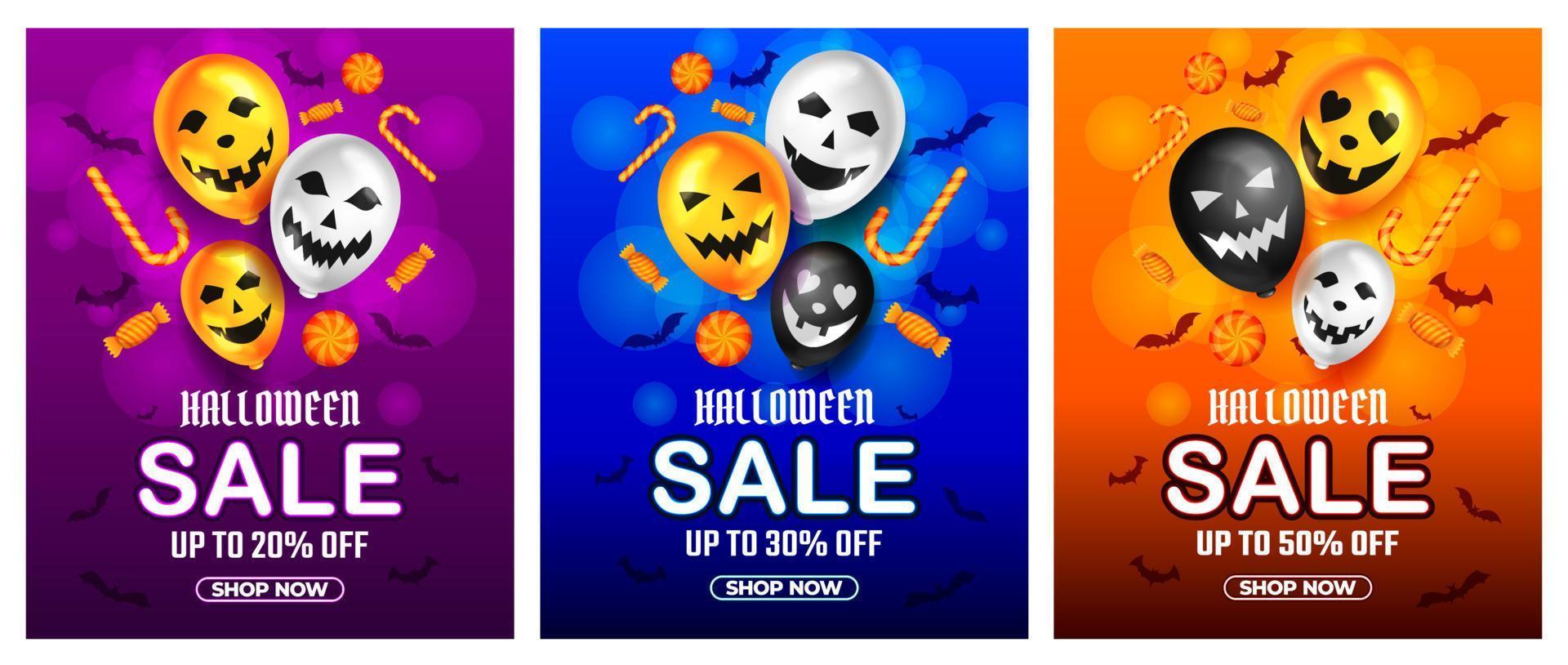 promoção de venda de halloween com balão assustador e vetor de doces, fundo de feliz dia das bruxas para promoção de varejo de negócios, banner, cartaz, mídia social, feed, convite