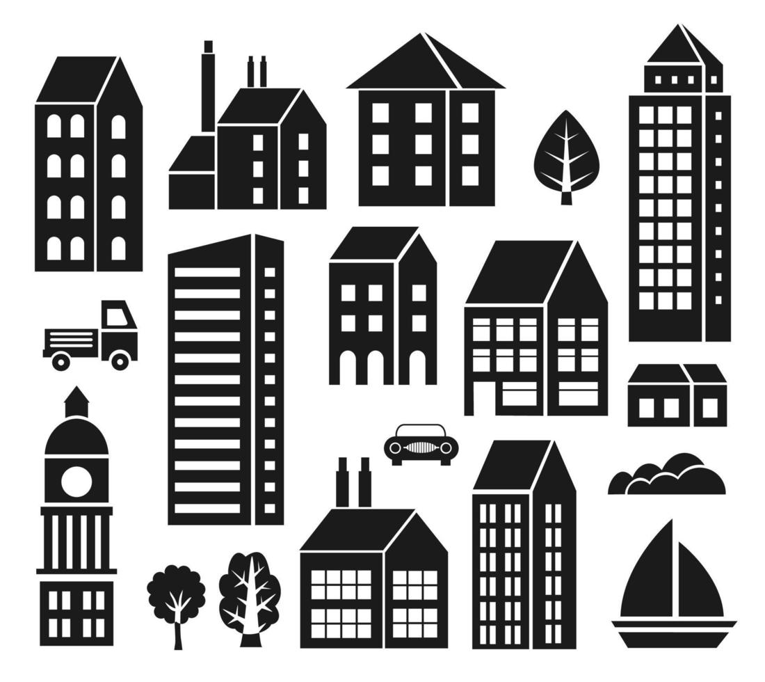 conjunto de silhuetas arquitetura ilustração vetorial cidade para edifícios de conceito de negócios casas infraestrutura urbana vetor