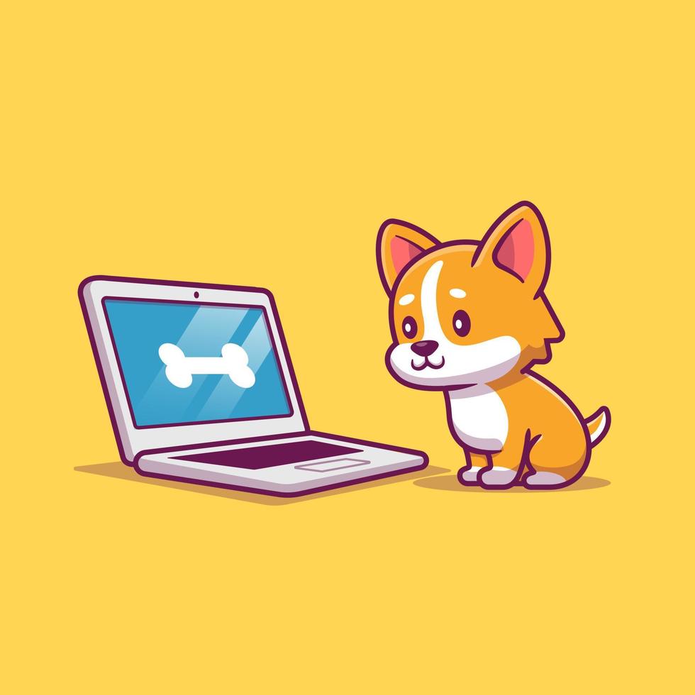 cão bonito com ilustração de ícone de vetor dos desenhos animados de laptop. animal tecnologia ícone conceito isolado vetor premium. estilo de desenho animado plano