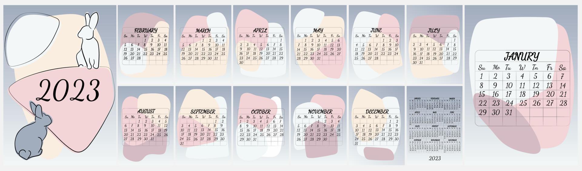 calendário 2023 com coelho. design de calendário com um símbolo do ano novo. conjunto de calendários de 12 meses. estilo moderno. a semana começa na segunda-feira. vetor