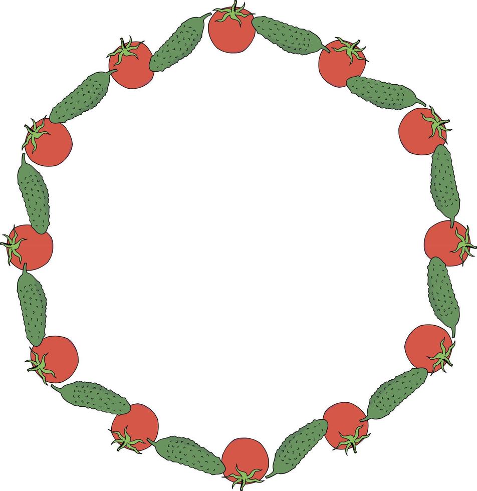 moldura redonda com tomate positivo e pepino em fundo branco. imagem vetorial. vetor