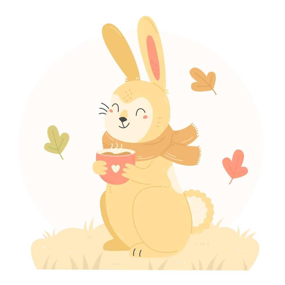 um coelho com uma bebida quente nas mãos em um estilo cartoon plana. um coelho em um lenço gosta de cacau. ilustração vetorial de outono infantil com um coelho. vetor