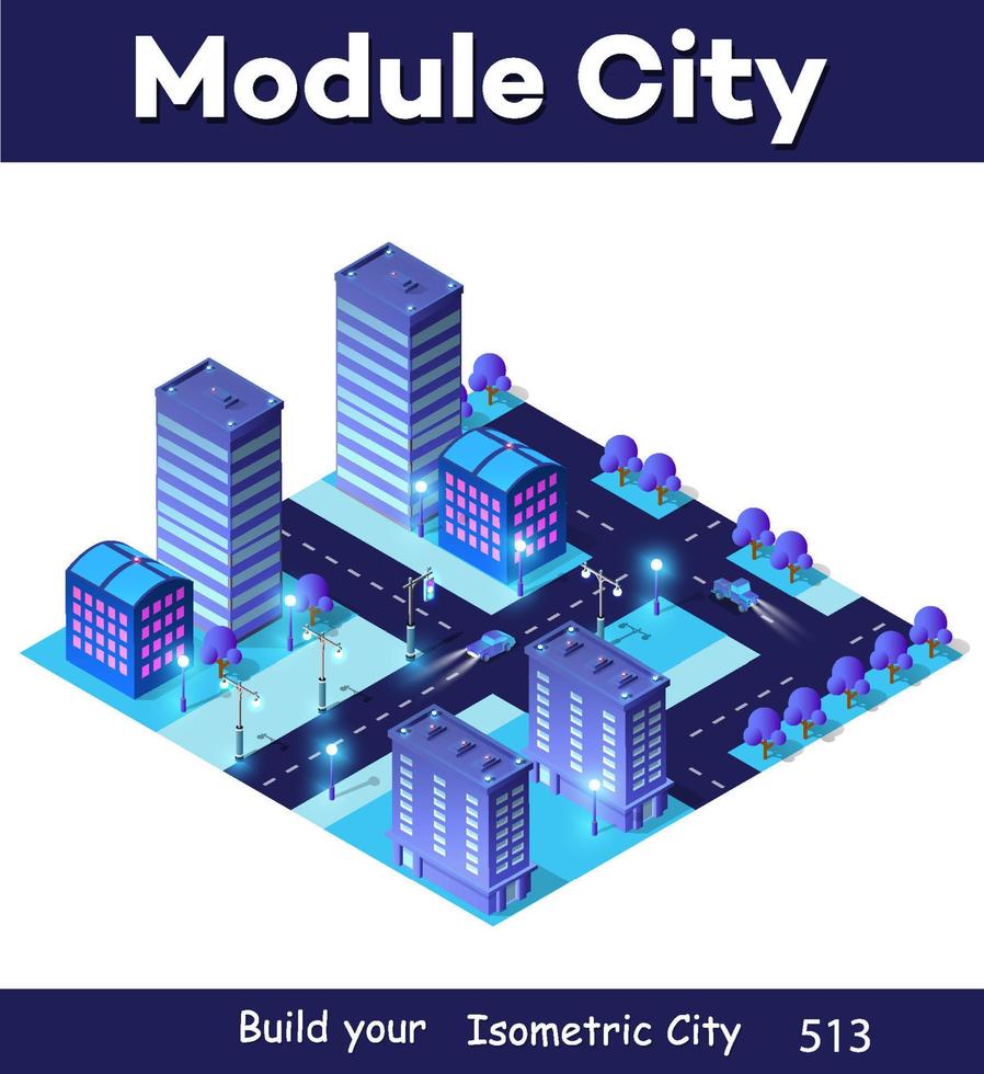 noite isométrica inteligente azul bloco ultravioleta bairro da cidade à noite com luzes. a cidade do futuro é uma ilustração 3d futurista. vetor